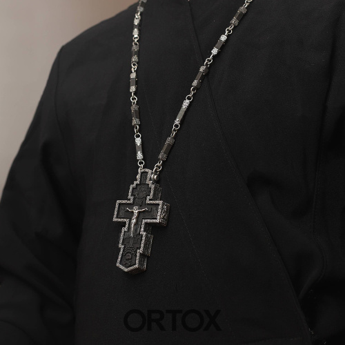 Крест наперсный деревянный в серебряном окладе, с цепью, 5,6х10 см фото 3