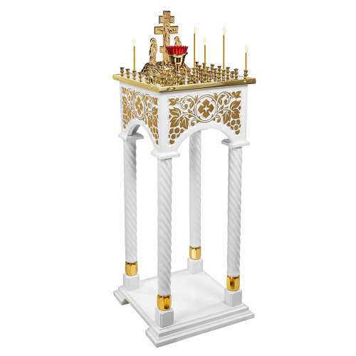Панихидный стол на 36-50 свечей "Суздальский" белый с золотом (поталь), колонны, резьба, 46х46х100 см фото 2