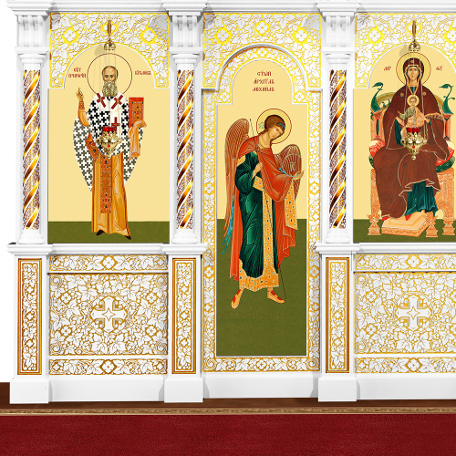 Иконостас деревянный резной "Владимирский" двухъярусный белый с золотом (патина), 690х528х40 см фото 6