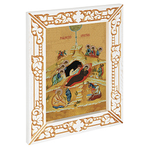 Икона Рождества Христова, в узкой резной раме, белая с золотом (патина), холст с золочением, ширина рамы 7 см (33х41,7 см (под икону А4))