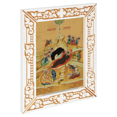 Икона Рождества Христова, в узкой резной раме, белая с золотом (патина), холст с золочением, ширина рамы 7 см