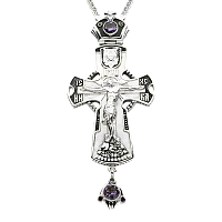 Крест наперсный серебряный, фиолетовые фианиты, с цепью, высота 15 см