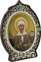 Икона латунная "Святая блаженная Матрона Московская" на деревянной основе с камнями