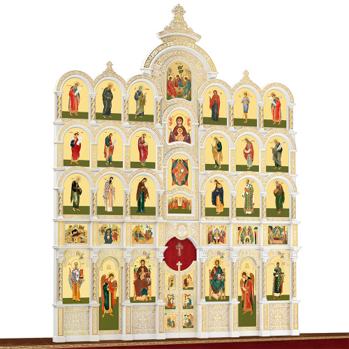 Иконостас деревянный резной "Владимирский" пятиярусный белый с золотом (патина), 690х860х45 см