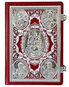 Апостол красный, оклад "под серебро", кожа, эмаль, 23х30 см (никелирование	)
