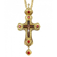Крест наперсный латунный в позолоте с цепью, фианиты, 6,6х14 см