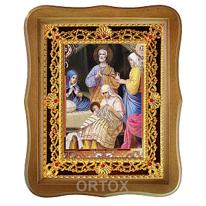 Икона "Рождество Пресвятой Богородицы", 22х27 см, фигурная багетная рамка (светлый киот)