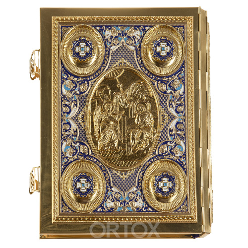 Евангелие напрестольное синее, полный оклад "под золото", 24х31 см фото 2