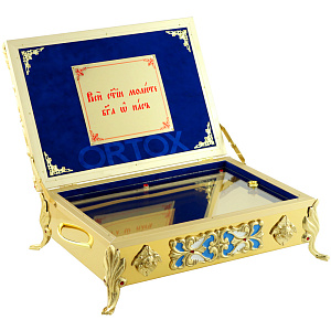 Ковчег для мощей, литые элементы, синяя ткань, 40х30х20 см (без частиц)