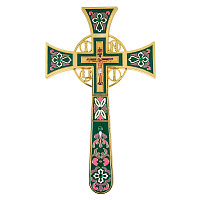 Крест требный четырехконечный, цинковый сплав, зеленая эмаль, камни, 17х29 см