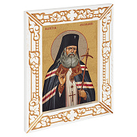 Икона святителя Луки Крымского, в узкой резной раме, белая с золотом (патина), холст с золочением, ширина рамы 7 см