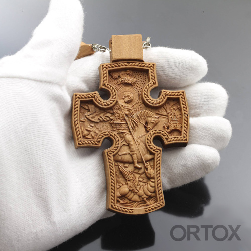 Крест наперсный "Наградной" деревянный светлый резной, с цепью, высота 10 см фото 6