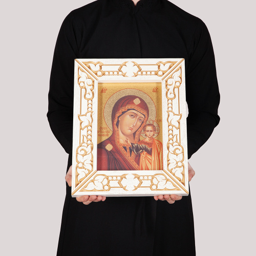 Икона Божией Матери "Казанская", в узкой резной раме, белая с золотом (патина), холст с золочением, ширина рамы 7 см фото 4