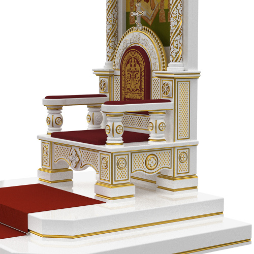 Архиерейский трон с сенью "Романовский" белый с золотом (патина), 113х89х351 см фото 4