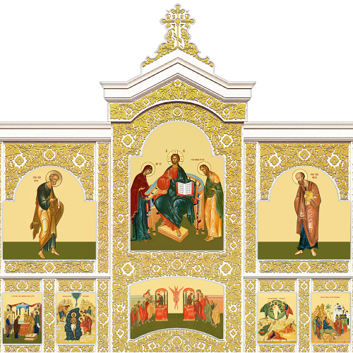 Иконостас деревянный "Суздальский" трехъярусный белый с золотом (поталь), 608х483х25,4 см фото 4