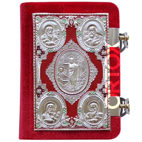 Евангелие требное малое красное, оклад "под серебро", бархат, эмаль, 12х16 см фото 6