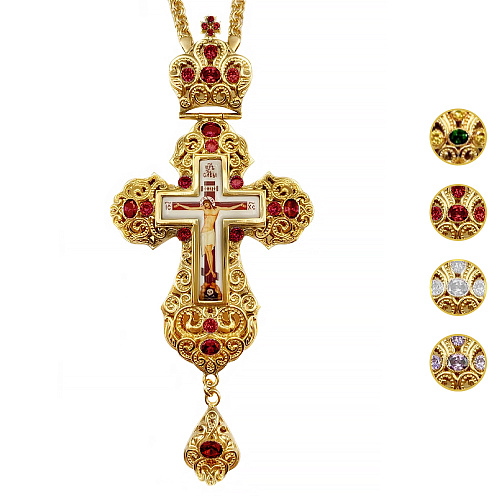 Крест наперсный из ювелирного сплава в позолоте с цепью, с фианитами, 8х17 см