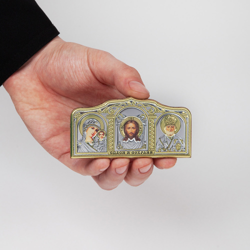 Икона в машину, триптих греческий из металла на деревянной основе, №6, 9,5х4,5 см фото 2