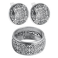 Комплект серебряный №3: кольцо и серьги, с чернением