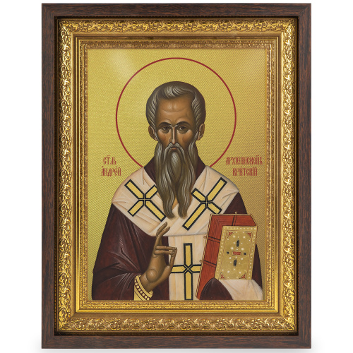 Икона архиепископа Андрея Критского, святителя, в широком багете, цвет "темный дуб", на холсте, с золочением  фото 2