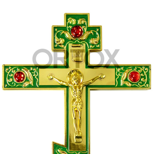 Крест напрестольный латунный, 14х26 см, зеленая эмаль, красные камни фото 5