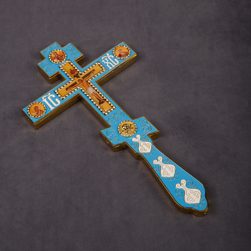 Крест напрестольный, цинковый сплав, голубая эмаль, камни, 14,5х26 см фото 5