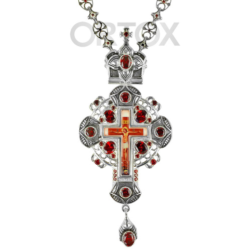 Крест наперсный серебряный с цепью, красные фианиты, высота 15 см