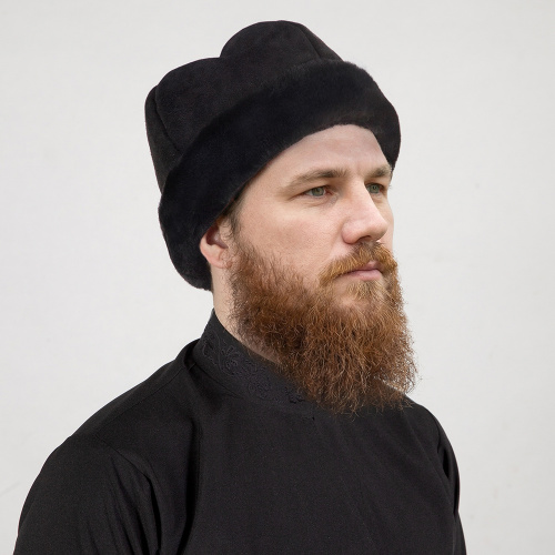 Скуфья зимняя черная, натуральная дубленочная овчина, опушка из мутона фото 2