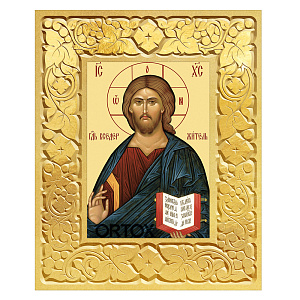 Икона Спасителя "Господь Вседержитель" в резной позолоченной рамке, поталь, ширина рамки 12 см (29,7x42 см (А3))