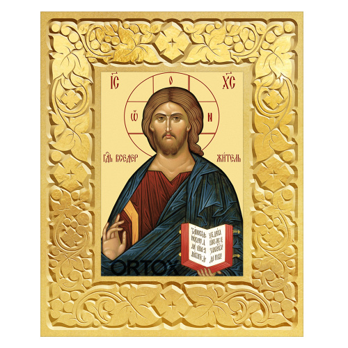 Икона Спасителя "Господь Вседержитель" в резной позолоченной рамке, поталь, ширина рамки 12 см