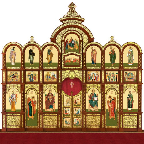 Иконостас деревянный резной "Владимирский" трехъярусный, цвет "кипарис" с золотом (поталь), 690х620х40 см фото 2 Иконостас деревянный резной "Владимирский" трехъярусный, цвет "кипарис" с золотом (поталь), 690х620х40 см фото 2