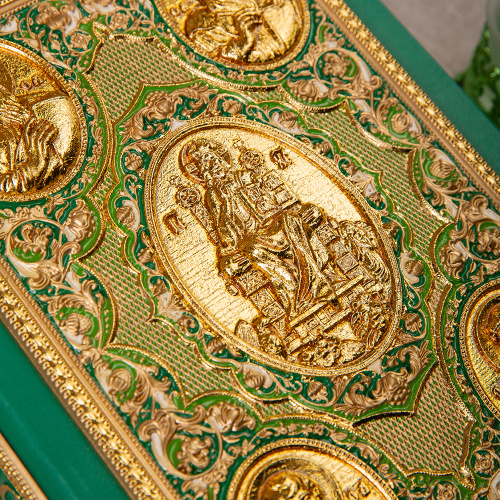 Апостол зеленый, оклад "под золото", кожа, эмаль, 23х30 см фото 4