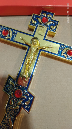 Крест напрестольный латунный синий, 14х26 см, красные камни, У-0634 фото 25