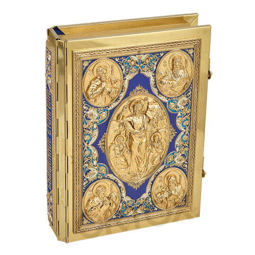 Евангелие напрестольное синее, полный оклад "под золото", 24х31 см фото 11