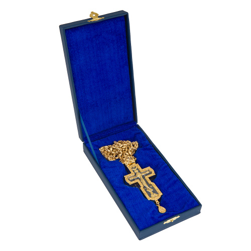 Крест наперсный из ювелирного сплава в позолоте с цепью, чернение, 6х14,5 см фото 5