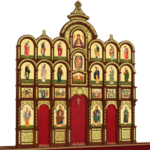 Иконостас деревянный резной "Владимирский" четырехъярусный, цвет "кипарис" с золотом (поталь), 690х730х45 см фото 3