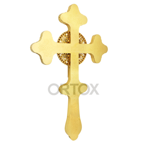 Крест напрестольный латунный в позолоте с фианитами, 23х36,5 см фото 2