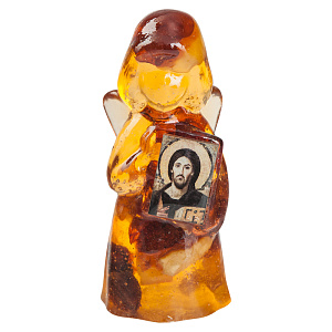 Фигурка Ангела с иконой, ювелирная смола с янтарем, 4х9 см (с иконой Спасителя)