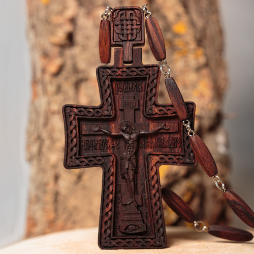 Крест наперсный "Наградной" деревянный резной, с цепью, 7х13,5 см фото 3