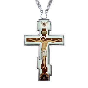 Крест наперсный из ювелирного сплава в серебрении, с цепью, 7х12 см (светлый фон)