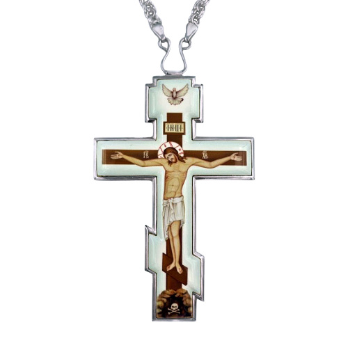 Крест наперсный из ювелирного сплава в серебрении, с цепью, 7х12 см