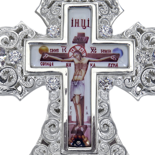 Крест наперсный латунный, серебрение, фианиты, высота 14 см фото 5