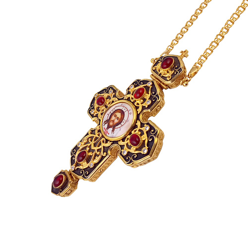 Крест наперсный из ювелирного сплава в позолоте с цепью, фианиты, 8х14,5 см фото 2