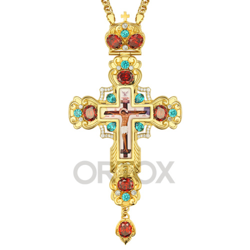Крест наперсный латунный, позолота, фианиты, высота 16 см фото 2