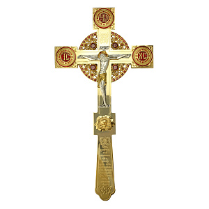 Крест напрестольный латунный в позолоте с эмалью и фианитами (в кожвиниловой упаковке)