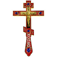 Крест напрестольный, красная эмаль, синие камни, 14,5х26 см, У-0941