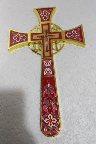 Крест требный четырехконечный, цинковый сплав, красная эмаль, камни, 17х29 см, У-0932 фото 8