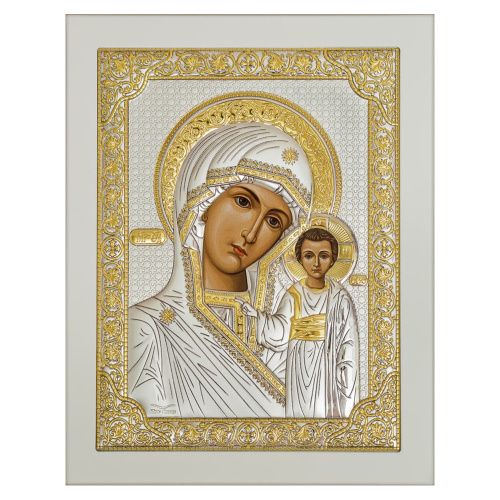 Икона греческая Божией Матери "Казанская", на белой деревянной основе, металлический оклад, 21х26 см