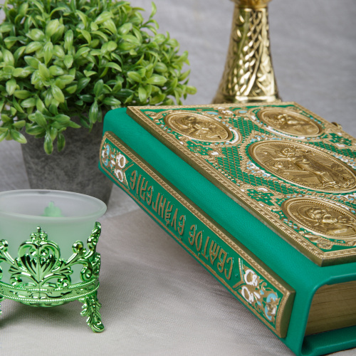 Евангелие требное среднее зеленое, оклад "под золото", кожа, эмаль, 17х22 см фото 6