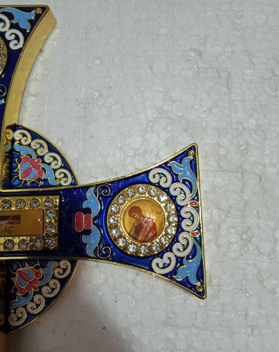 Крест напрестольный / требный четырехконечный с подставкой, синяя эмаль, камни, 17х29 см, У 55-0036 фото 5